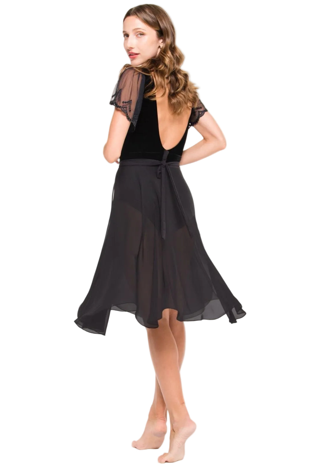 EtoilePro Audrey black wrap skirt: midi length Oeko-Tex chiffon, non toxic fabric, stretch adjustable ties, graceful sway for ballet rehearsal or evening.