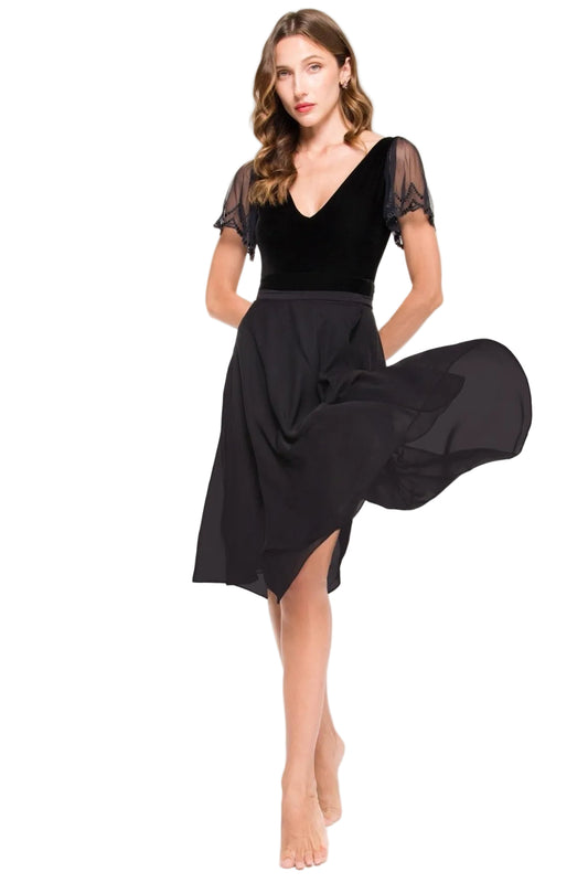 EtoilePro Audrey black wrap skirt: midi length Oeko-Tex chiffon, non toxic fabric, stretch adjustable ties, graceful sway for ballet rehearsal or evening. 