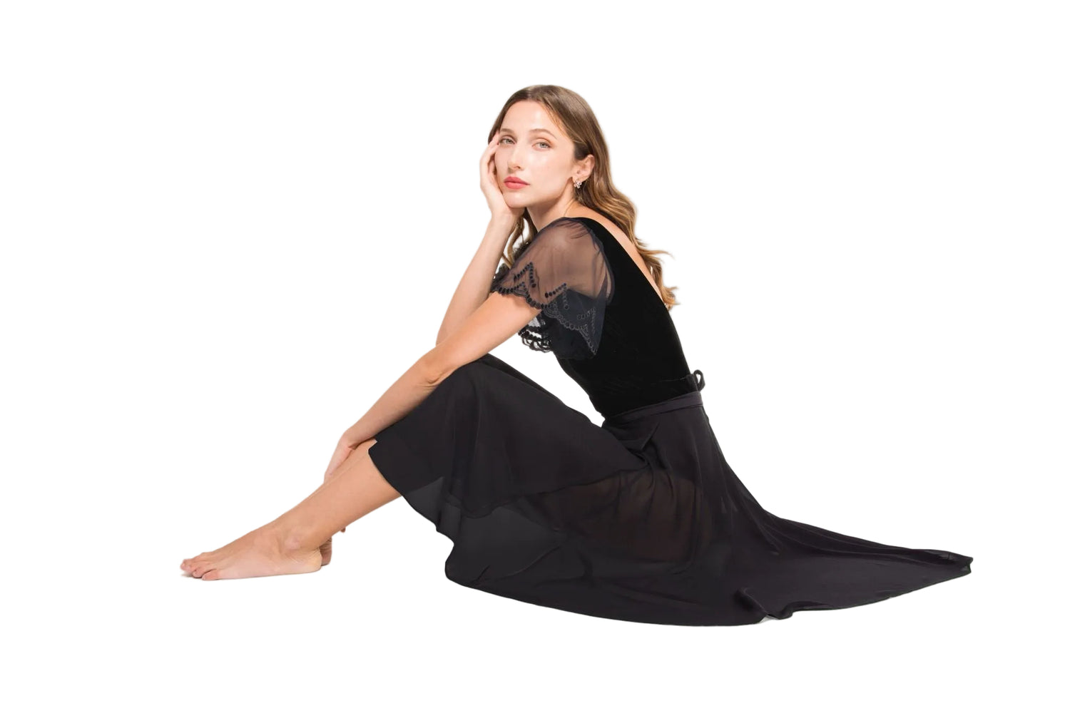 EtoilePro Audrey black wrap skirt: midi length Oeko-Tex chiffon, non toxic fabric, stretch adjustable ties, graceful sway for ballet rehearsal or evening. 